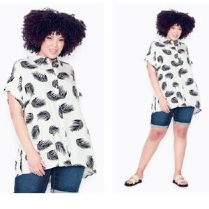 AVENUE Button Down Bowling Shirt Ivory Feather Short Sleeve Size 18